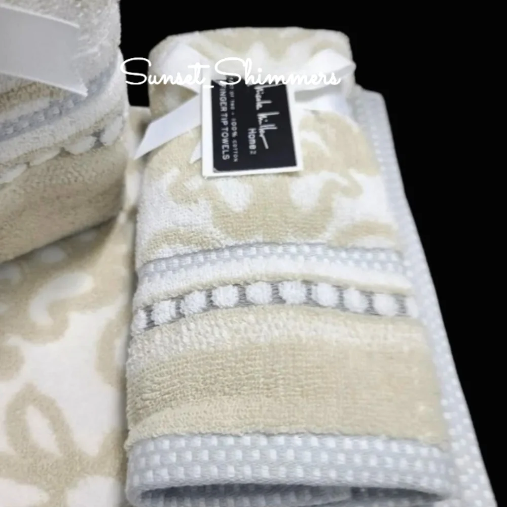 Nicole Miller 6pc Plush Damask Bath Hand Tip Towel Set Tan Gray White Cotton NEW
